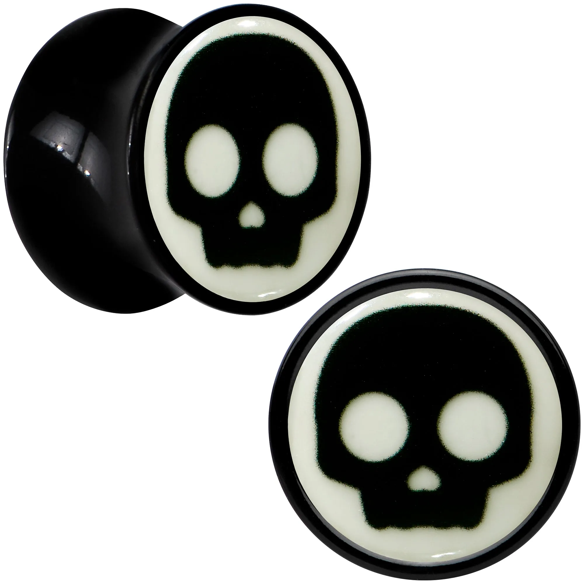 0 Gauge Glow in the Dark Simple Skull Black Acrylic Saddle Plug Set