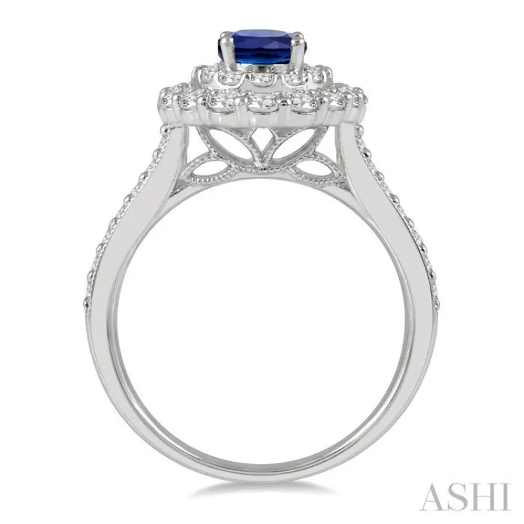 1 ctw Oval Shape 7x5MM Sapphire and Round Cut Diamond Halo Precious Ring in 14K White Gold