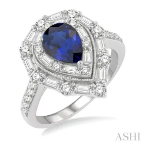 1 ctw Pear Shape 8x6MM Sapphire, Baguette and Round Cut Diamond Precious Ring in 14K White Gold