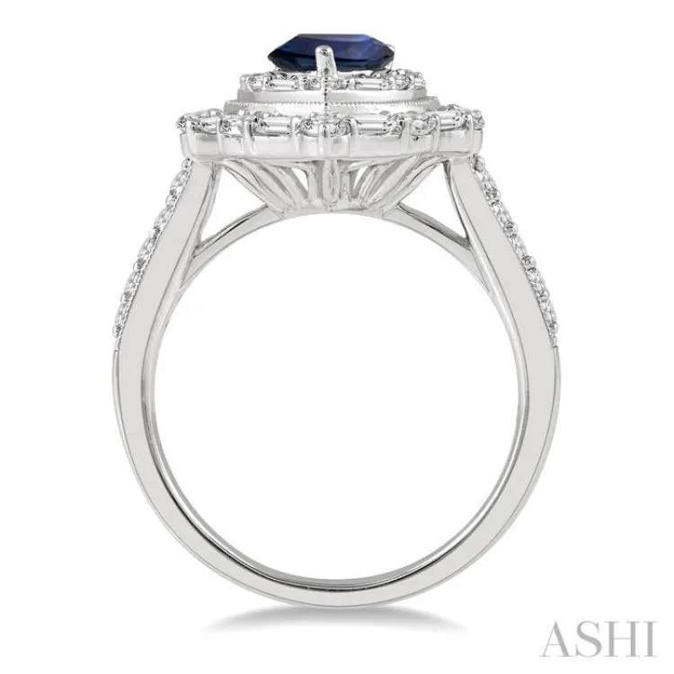 1 ctw Pear Shape 8x6MM Sapphire, Baguette and Round Cut Diamond Precious Ring in 14K White Gold