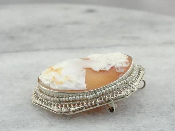 14K White Gold and Fine Shell Cameo, Antique Pin