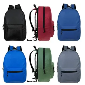 15" Wholesale Classic Basic Backpack in 6 Assorted Colors - Bulk Case of 24 Bookbags