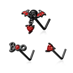 20G 3PCS Skull Head/Boo/Heart Top L-Shaped Nostril Studs Set