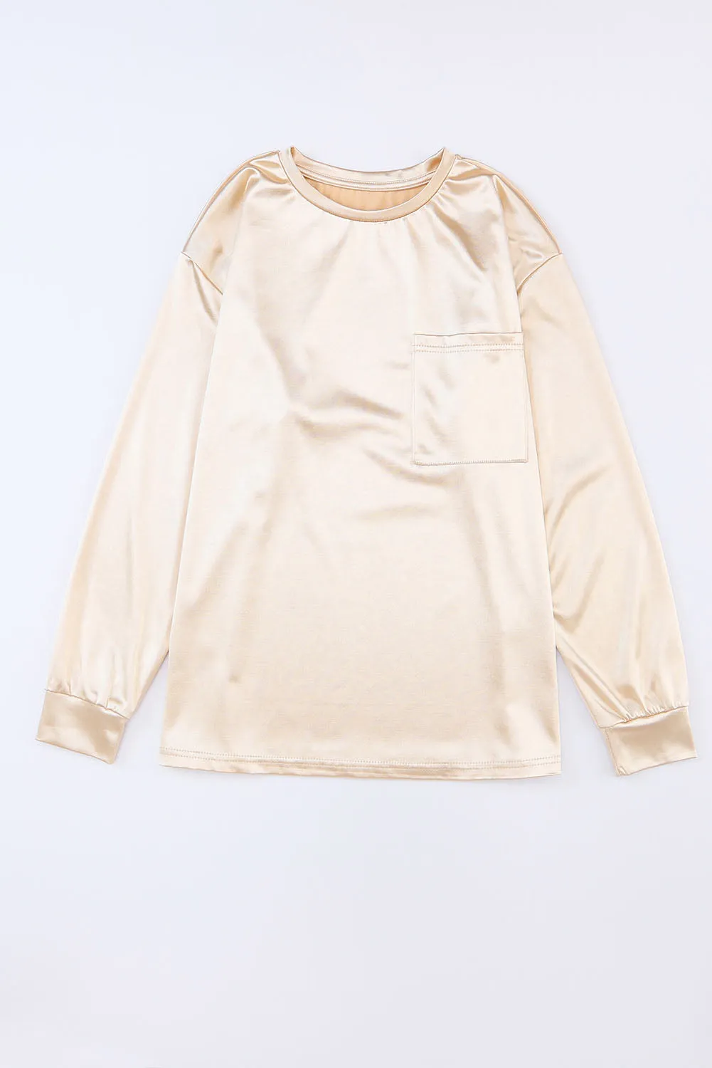 Apricot Glitter Chest Pocket Round Neck Long Sleeve Top