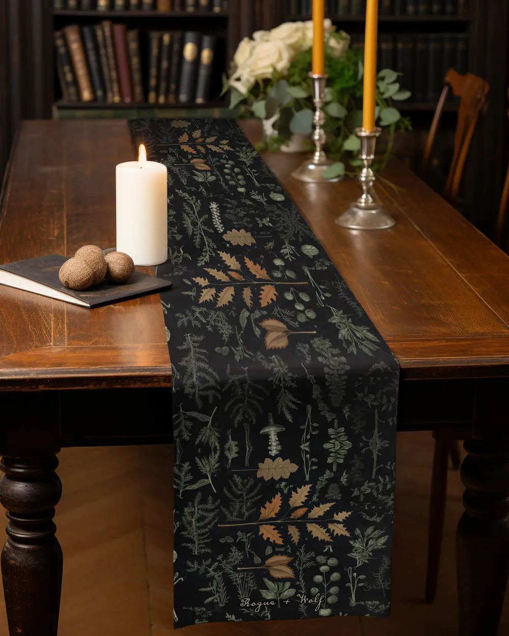 Autumn Memoir Table Runner - Dark Academia Botanical Witchy Home Decor - Goth Dinner Table Setup - Gothic Kitchen Room Decor