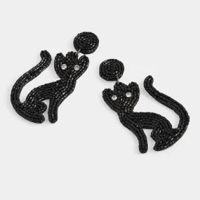 Black Cat Beaded Earrings - Black