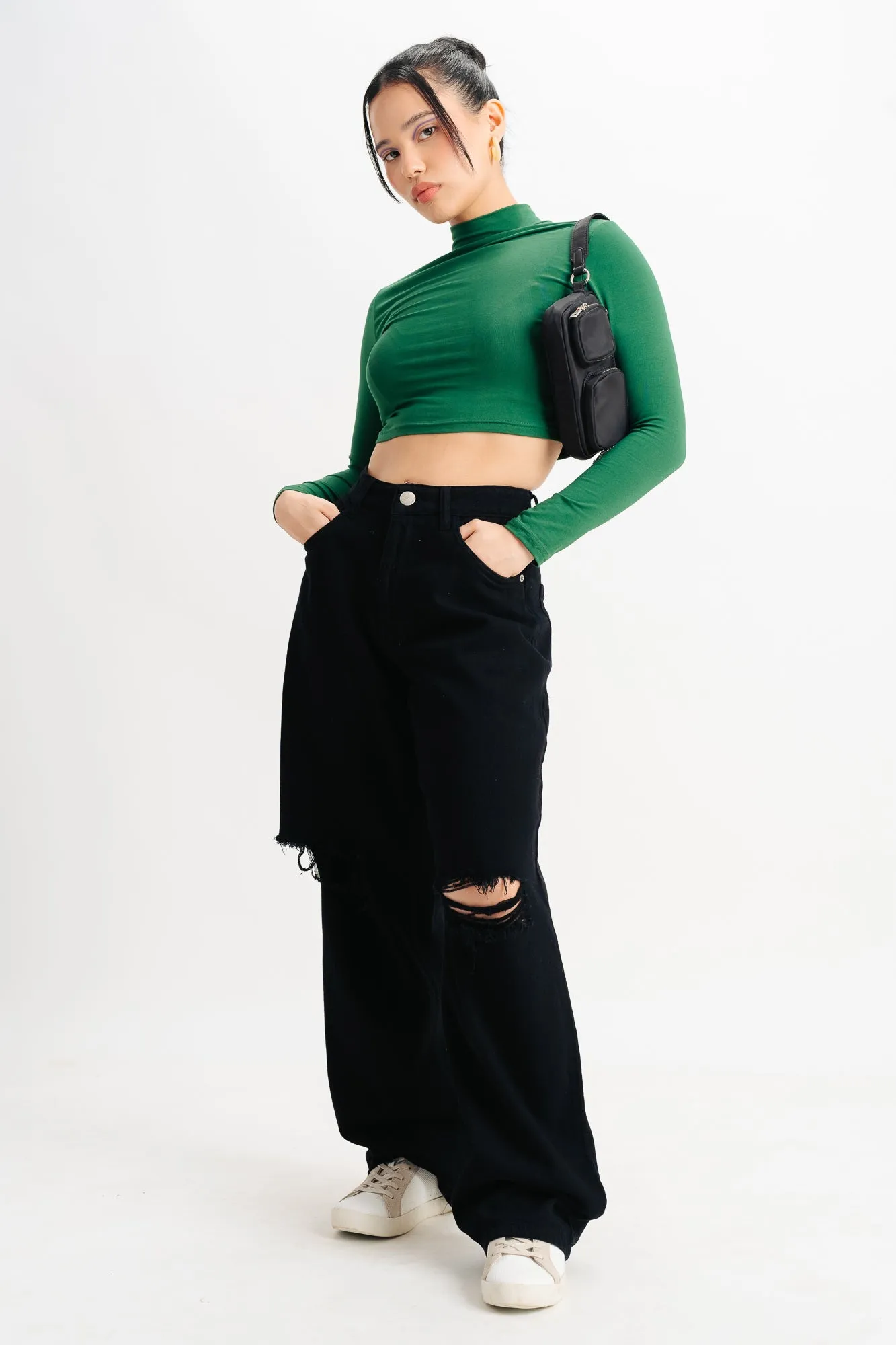 Cropped Long Sleeve Green Knit Top