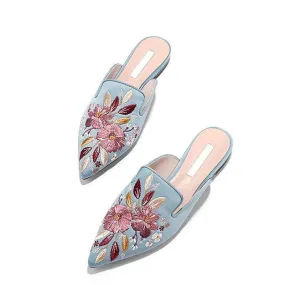 Embroidered Lady Blue Satin Mules