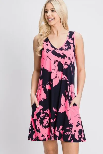 Floral V-Neck Tank Dress with Pockets