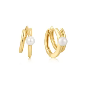 Gold Parallel Duo Freshwater Pearl Huggies