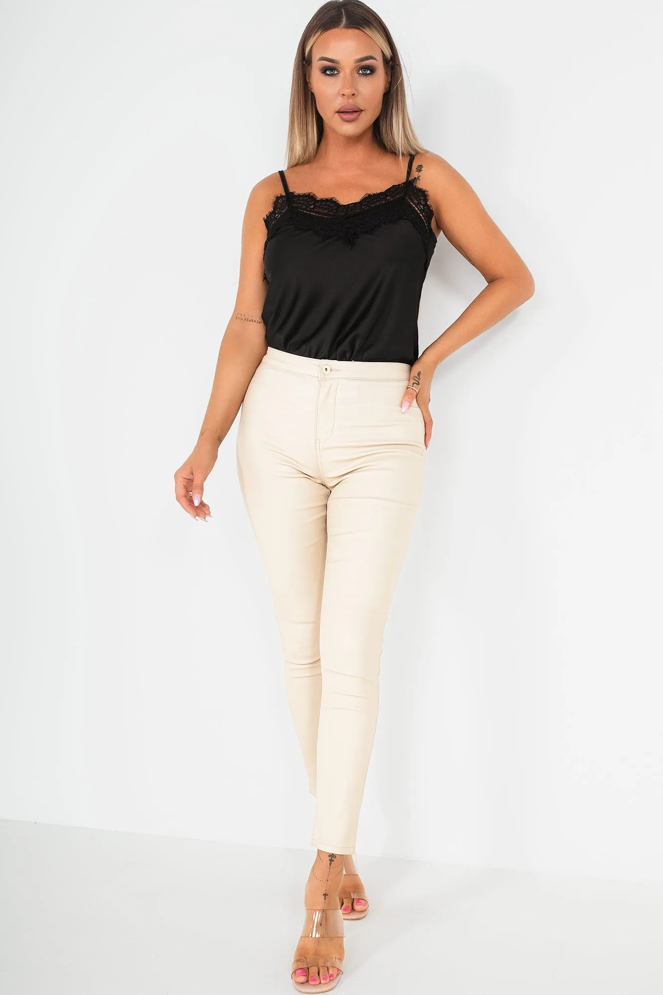 Lianna Cream High Waist Leather Look Jeans