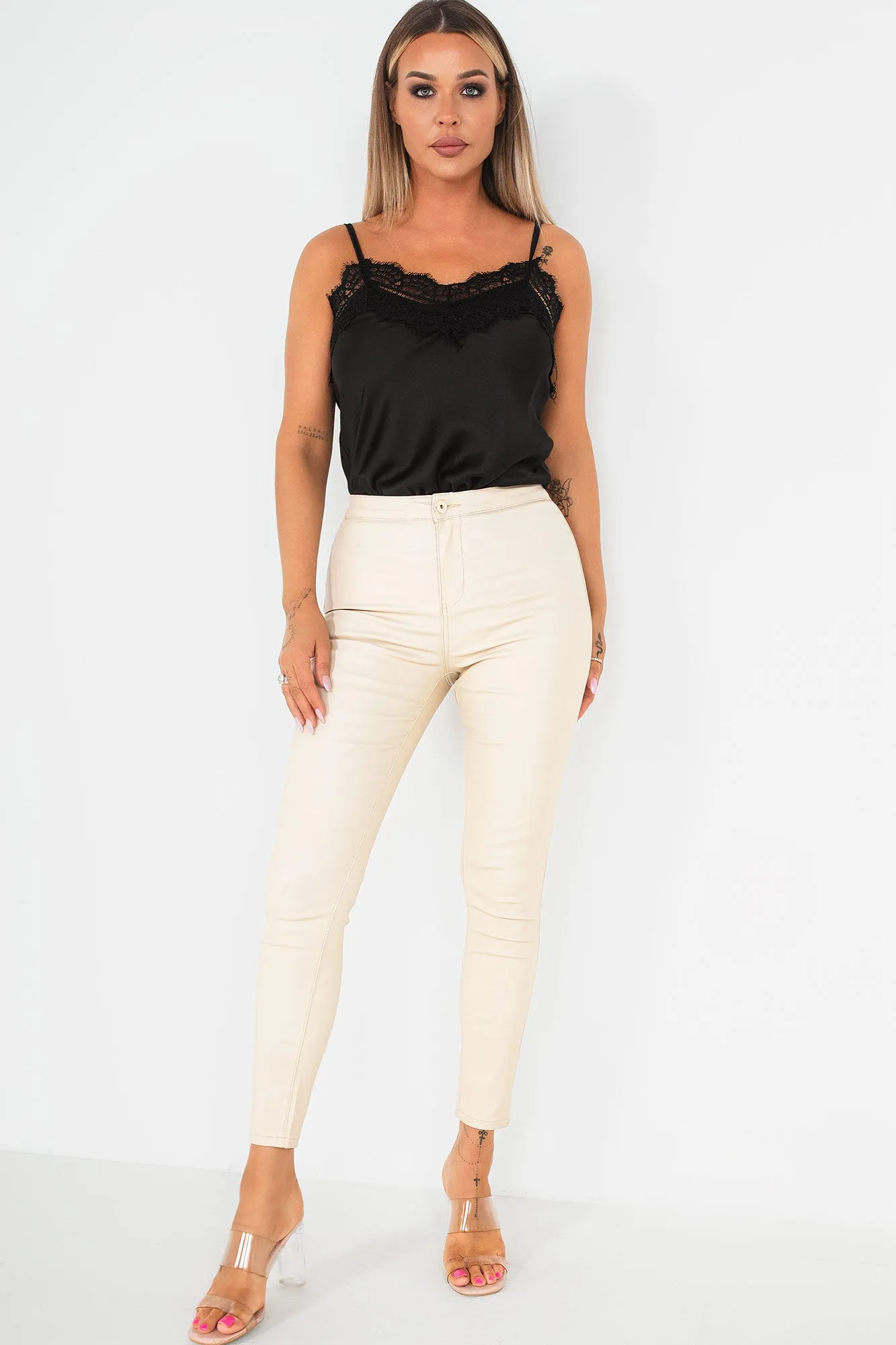 Lianna Cream High Waist Leather Look Jeans