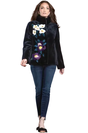 Navy Floral Sheared Mink Fur Jacket