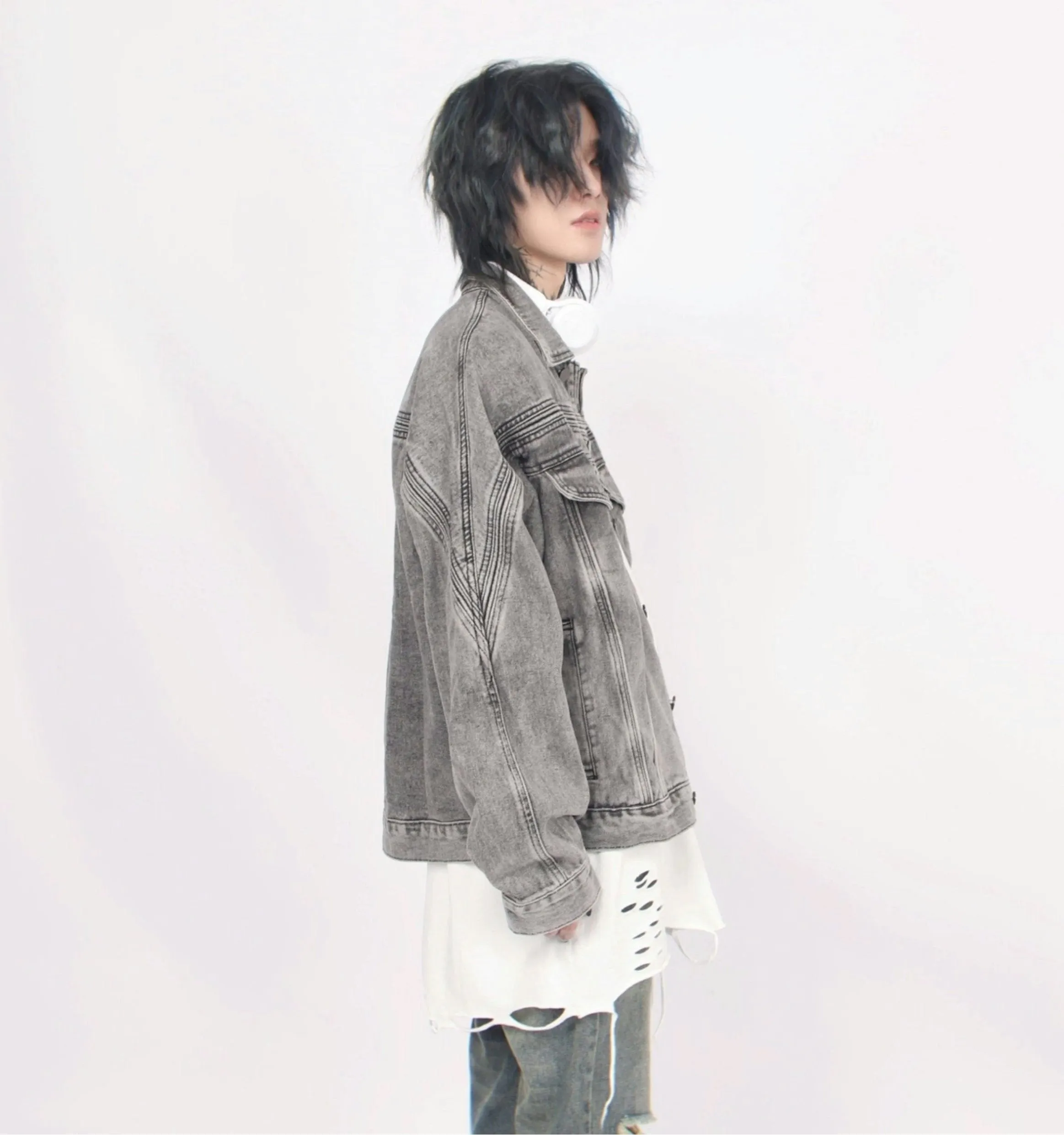 Oversized Charcoal-Wash Faded Denim Jacket