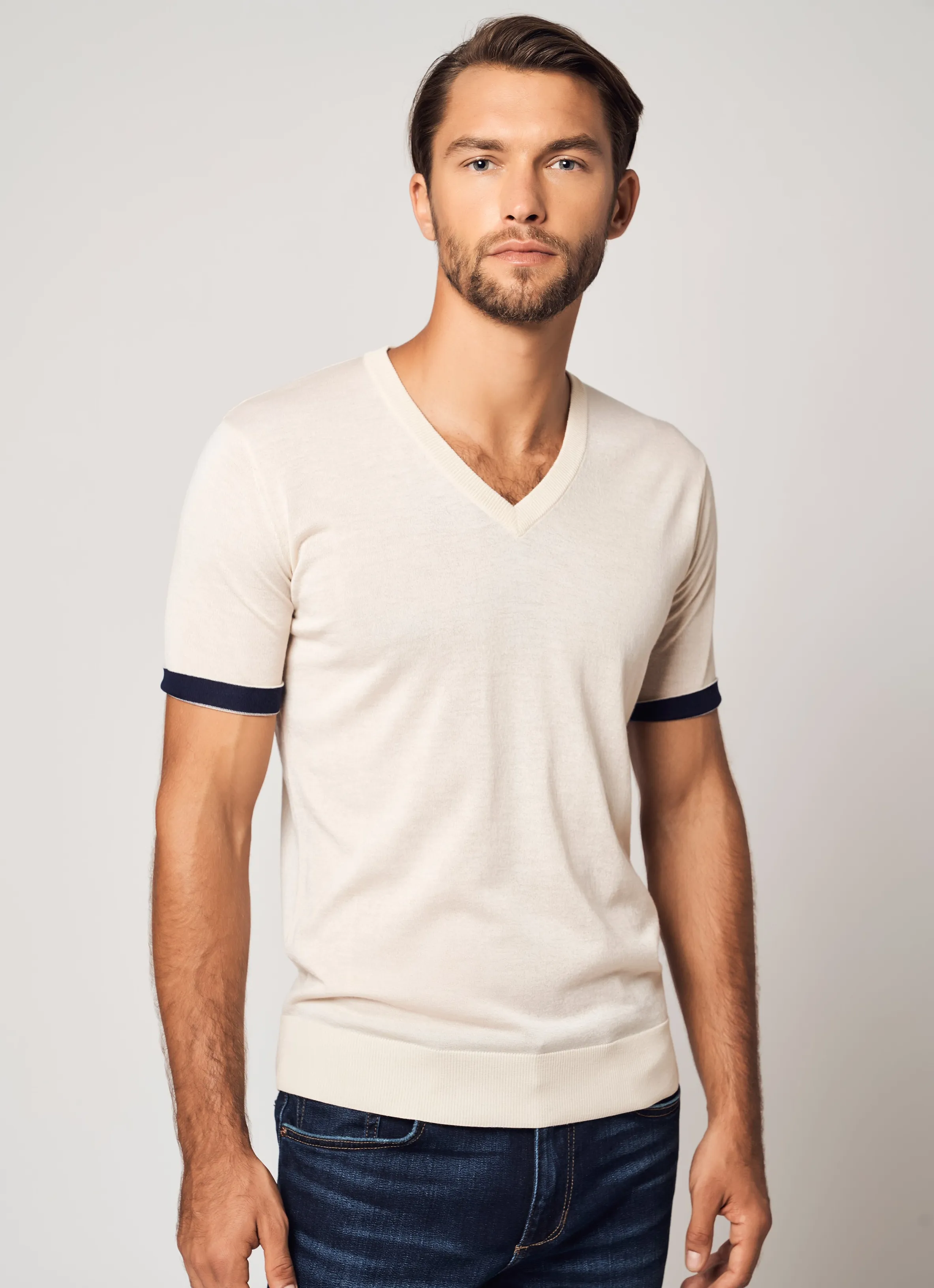 Striped Short-Sleeve Cashmere T-shirt