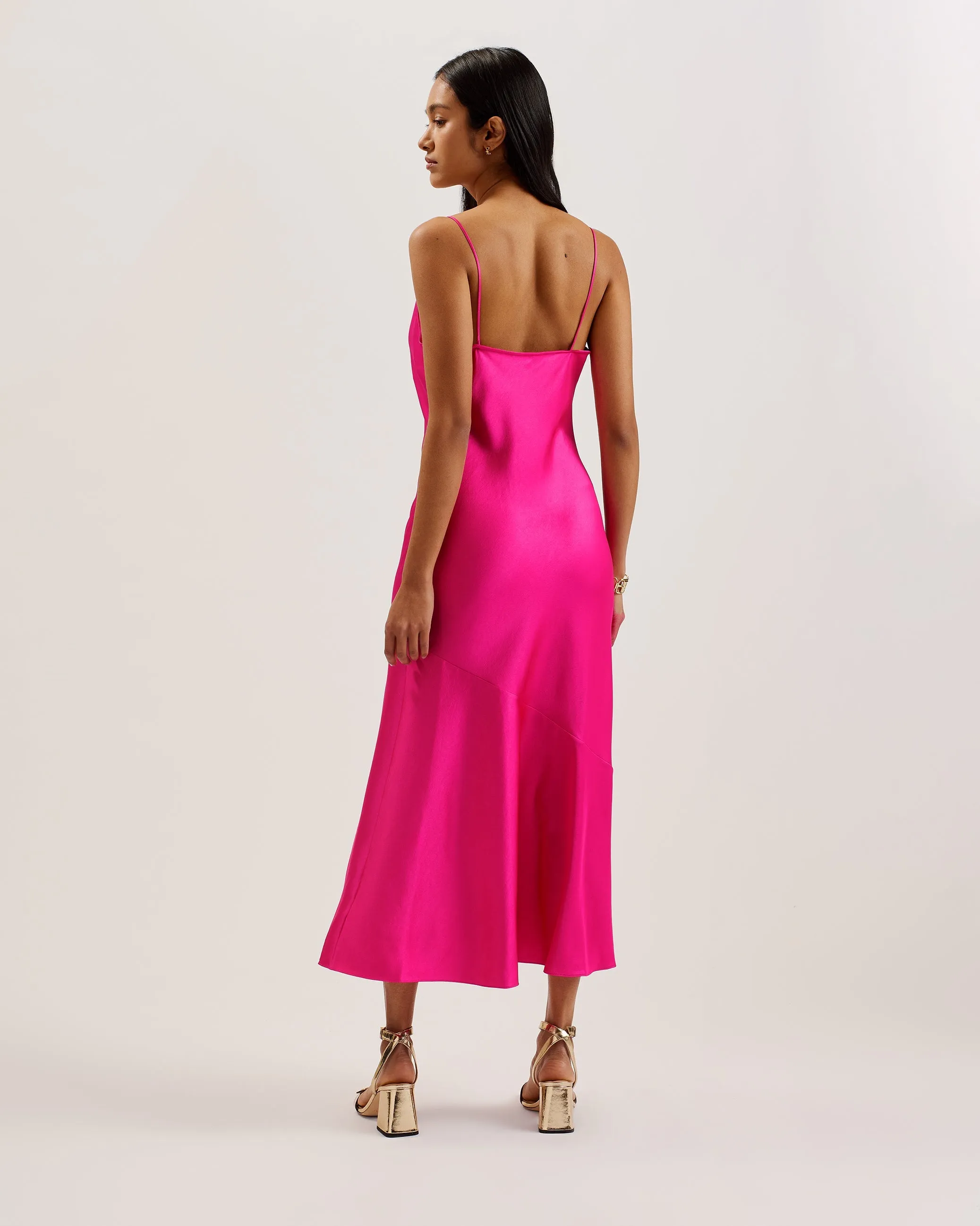 Tunca Satin Cowl Neck Evening Midi Dress Brt-Pink